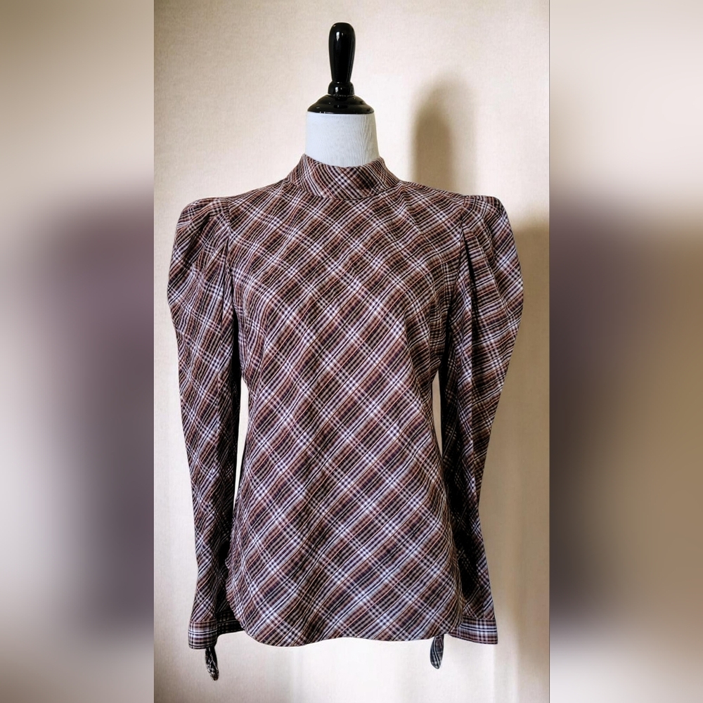 Veronica Beard Isabel Structured Plaid Blouse 10 Puff Sleeve Transitional
